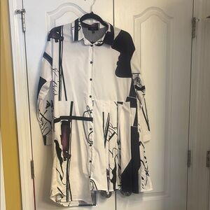 Abstract Black and White Button-Up Dress